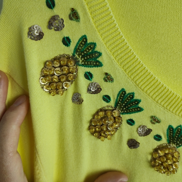 New Talbots Pineapple Embroidered shortsleeve sweater cotton yellow 3X plus size - Picture 5 of 12
